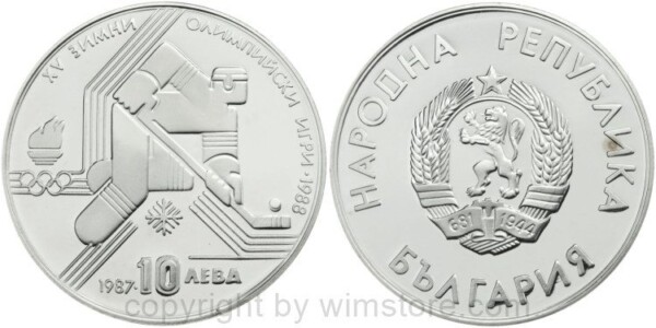 Bulgarien, 10 Leva 1987, Olympische Winterspiele 1988 in Calgary - Eishokeyspieler, KM 184, Silber, PPII