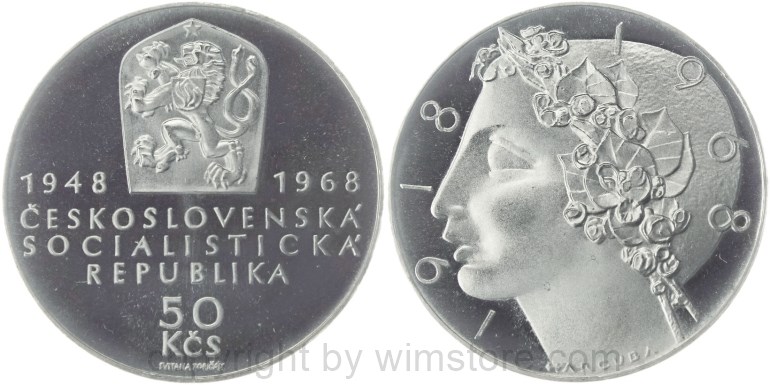 tschechoslowakei, 50 korun 1968, 50 jahre tschechoslowakei, 20 jahre volksrepublik, km 65, silber, ppii (kopie)