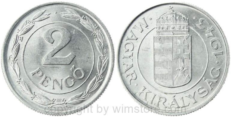 ungarn, 2 pengö 1942, km 522.1, aluminium, vz (kopie)