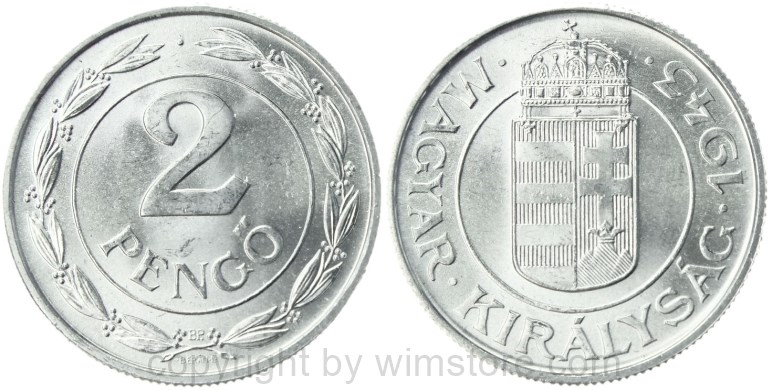 ungarn, 2 pengö 1943, km 522.1, aluminium, vz (kopie)