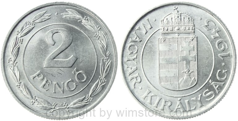 ungarn, 2 pengö 1943, km 522.1, aluminium, vz (kopie)