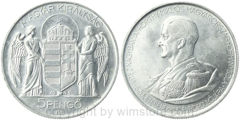 ungarn, 5 pengö 1943, 75. geburtstag von miklós horthy, km 523, aluminium, ss, kl. rsn. (kopie)