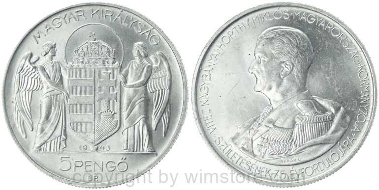 ungarn, 5 pengö 1943, 75. geburtstag von miklós horthy, km 523, aluminium, ss (kopie)