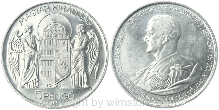 ungarn, 5 pengö 1943, 75. geburtstag von miklós horthy, km 523, aluminium, ss (kopie)