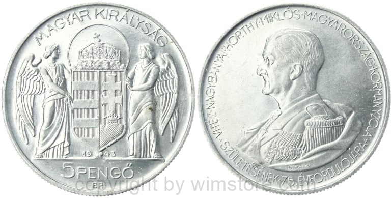 ungarn, 5 pengö 1943, 75. geburtstag von miklós horthy, km 523, aluminium, ss vz (kopie)
