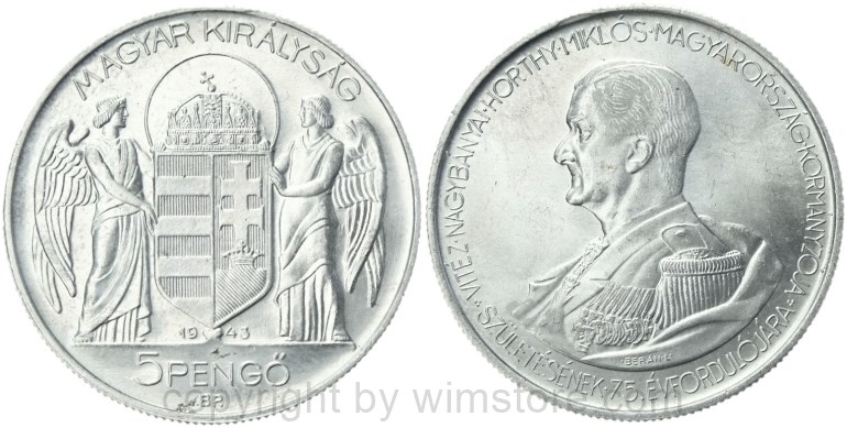 ungarn, 5 pengö 1943, 75. geburtstag von miklós horthy, km 523, aluminium, ss vz (kopie)
