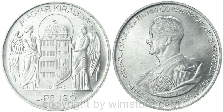 ungarn, 5 pengö 1943, 75. geburtstag von miklós horthy, km 523, aluminium, vz (kopie)