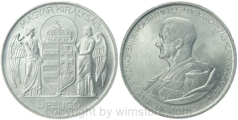 ungarn, 5 pengö 1943, 75. geburtstag von miklós horthy, km 523, aluminium, vz (kopie)