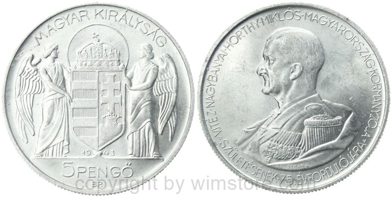 ungarn, 5 pengö 1943, 75. geburtstag von miklós horthy, km 523, aluminium, vz (kopie)