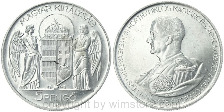 ungarn, 5 pengö 1943, 75. geburtstag von miklós horthy, km 523, aluminium, vz (kopie)
