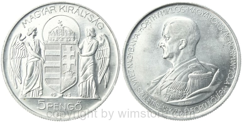 ungarn, 5 pengö 1943, 75. geburtstag von miklós horthy, km 523, aluminium, vz (kopie)