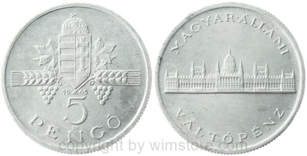 ungarn, 5 pengö 1943, 75. geburtstag von miklós horthy, km 523, aluminium, vz, fleckig (kopie)