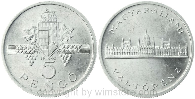 ungarn, 5 pengö 1945, km 525, aluminium, ss, fleckig (kopie)