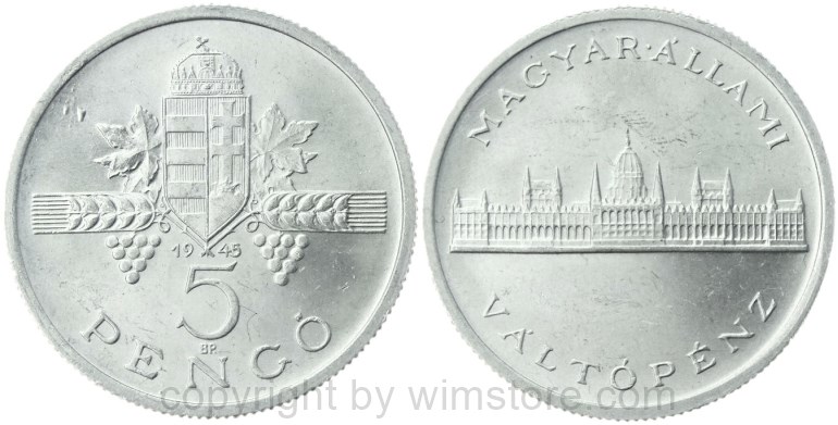 ungarn, 5 pengö 1945, km 525, aluminium, ss vz (kopie)