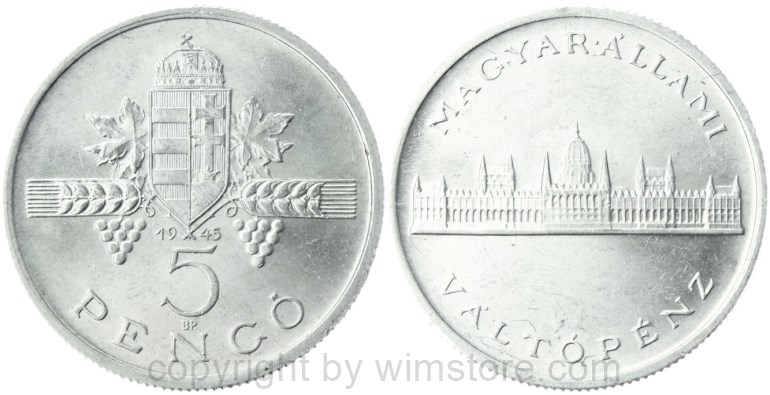 ungarn, 5 pengö 1945, km 525, aluminium, ss vz (kopie)