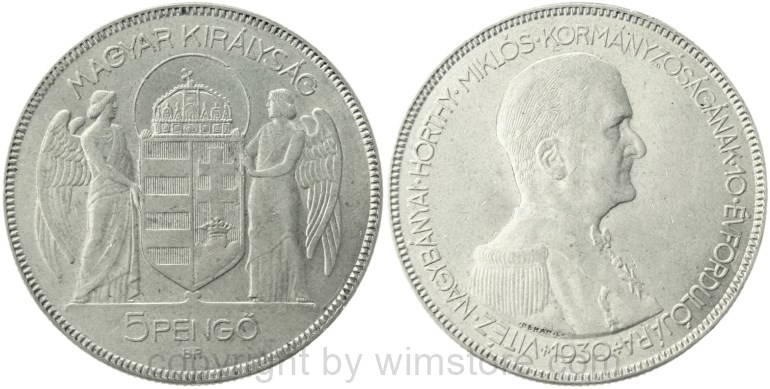ungarn, 5 pengö 1930, 10 jahre regentschaft von admiral miklós horthy, km 512.1, silber, ss (kopie)