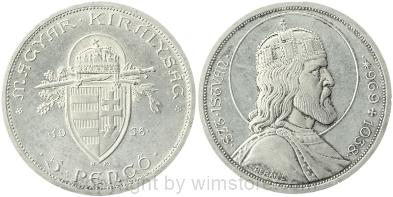 ungarn, 5 pengö 1938, 900. todestag des hl. stephan, km 516, silber, ss vz, fleckig (kopie)