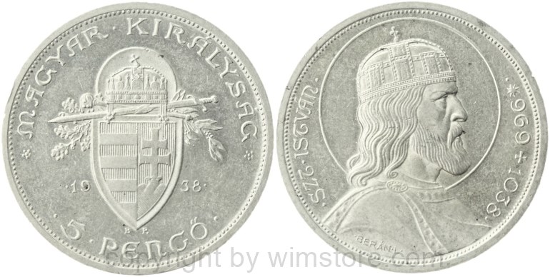 ungarn, 5 pengö 1938, 900. todestag des hl. stephan, km 516, silber, ss vz (kopie)