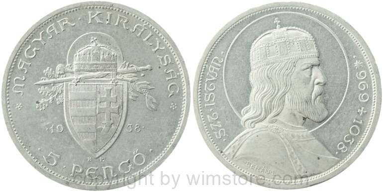 ungarn, 5 pengö 1938, 900. todestag des hl. stephan, km 516, silber, ss vz, fleckig (kopie)