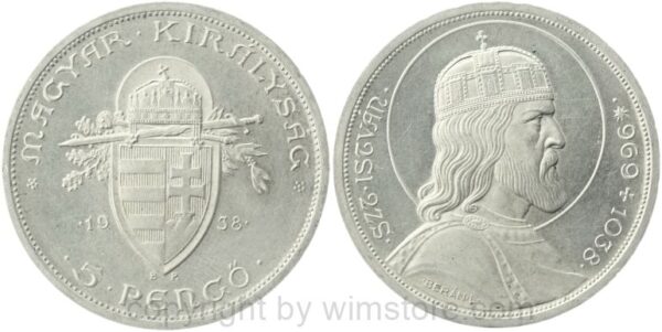 ungarn, 5 pengö 1938, 900. todestag des hl. stephan, km 516, silber, ss vz, fleckig und bürstspuren (kopie)