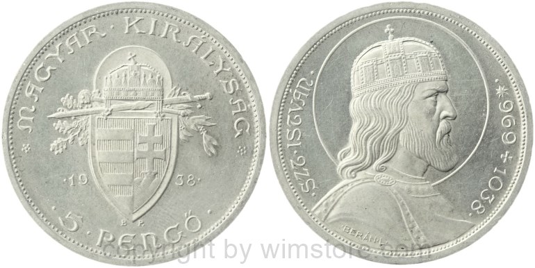 ungarn, 5 pengö 1938, 900. todestag des hl. stephan, km 516, silber, ss vz, fleckig und bürstspuren (kopie)