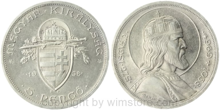 ungarn, 5 pengö 1938, 900. todestag des hl. stephan, km 516, silber, ss vz, fleckig (kopie)