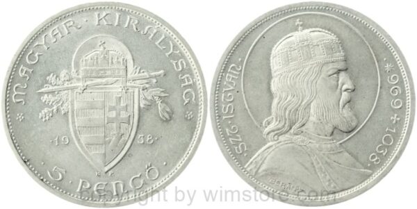 ungarn, 5 pengö 1938, 900. todestag des hl. stephan, km 516, silber, vz, fleckig (kopie)