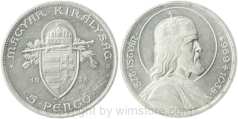 ungarn, 5 pengö 1938, 900. todestag des hl. stephan, km 516, silber, vz (kopie)