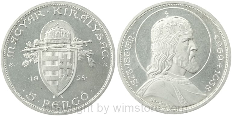 ungarn, 5 pengö 1938, 900. todestag des hl. stephan, km 516, silber, vz, fleckig (kopie)