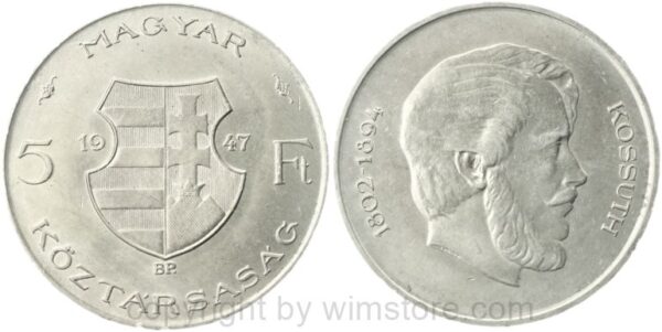 ungarn, 5 forint 1947, lajos kossuth, km 534a, silber, vz (kopie)