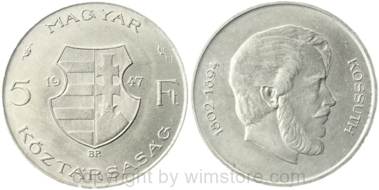 ungarn, 5 forint 1947, lajos kossuth, km 534a, silber, vz (kopie)