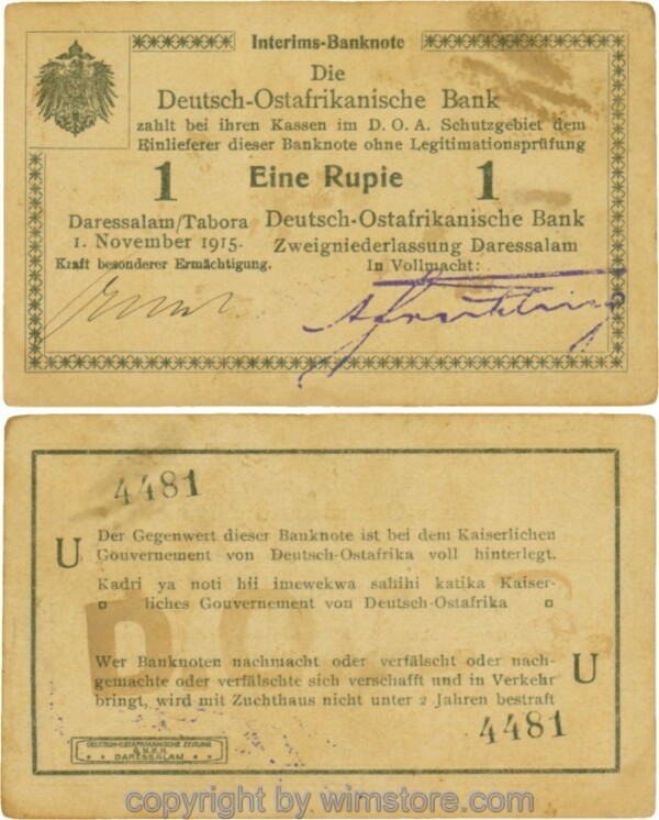Deutsch-Ostafrika, R 916n, 1 Rupie, 01.11.1915, Serie U, Drucktyp 1, Geheimzeichen D.O.A.B; 3