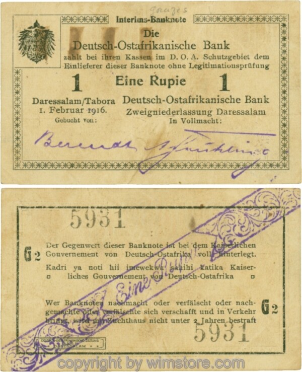 Deutsch-Ostafrika, R 928b, 1 Rupie, 01.02.1916, Serie G2, Drucktyp 1, Geheimzeichen, Kontrollzeichen, Wasserzeichen; 4