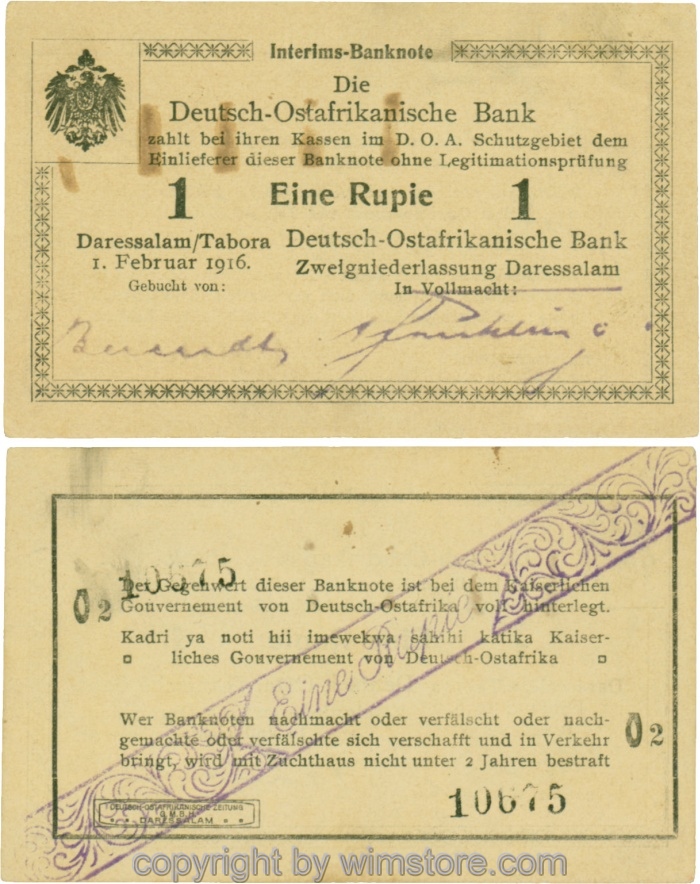 Deutsch-Ostafrika, R 928p, 1 Rupie, 01.02.1916, Serie V2, Drucktyp 1, Geheimzeichen; 2
