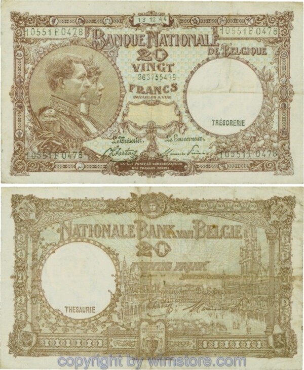 Belgien, P111, 20 Francs 1944, Serie F; 4