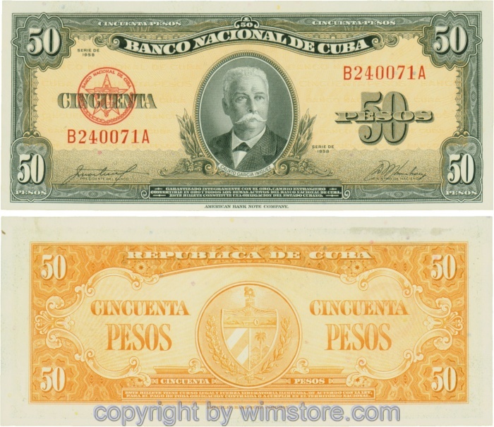 Kuba, P081b, 50 Pesos 1958, Serie A-B; 2