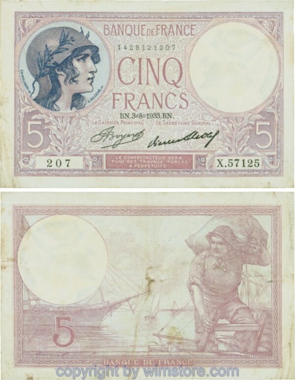Frankreich, P072e, 5 Francs 1933-08-03, BN/X; 4
