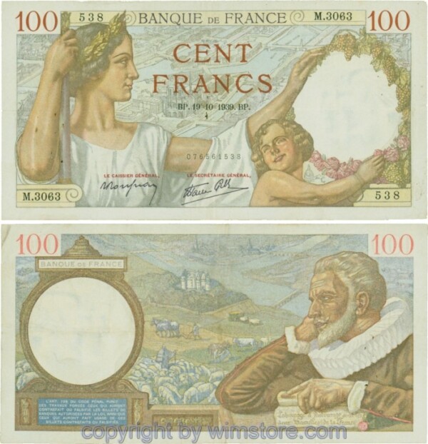Frankreich, P094, 100 Francs 1939-10-19, BP/M; 3