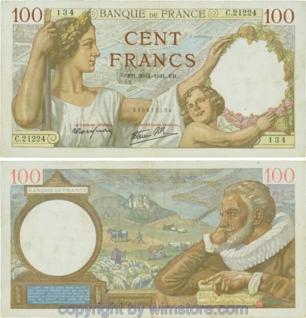 Frankreich, P094, 100 Francs 1941-04-30, FH/C; 3