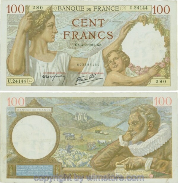 Frankreich, P094, 100 Francs 1941-09-04, GZ/U; 3