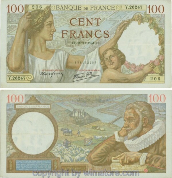 Frankreich, P094, 100 Francs 1941-11-20, PP/Y; 3