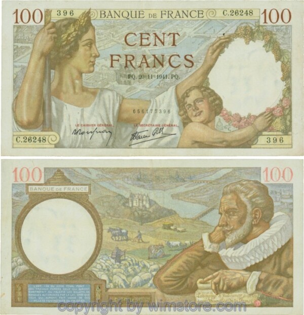 Frankreich, P094, 100 Francs 1941-11-20, PQ/C; 3