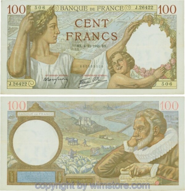 Frankreich, P094, 100 Francs 1941-12-04, BX/J; 3