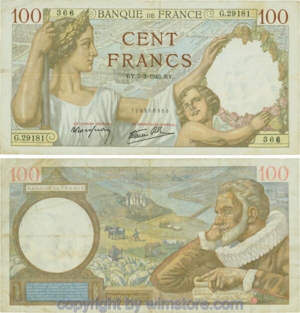 Frankreich, P094, 100 Francs 1942-03-05, RV/G; 4