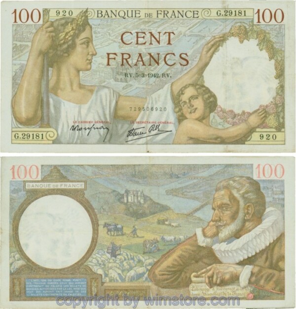 Frankreich, P094, 100 Francs 1942-03-05, RV/G; 4