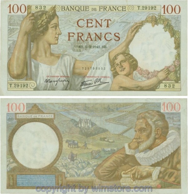 Frankreich, P094, 100 Francs 1942-03-05, SH/T; 3