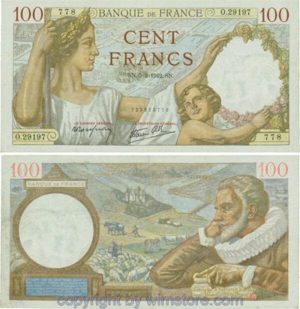 Frankreich, P094, 100 Francs 1942-03-05, SN/O; 2