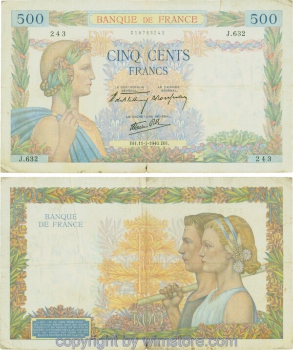 Frankreich, P095a, 500 Francs 1940-07-11, BH/J; 4-5