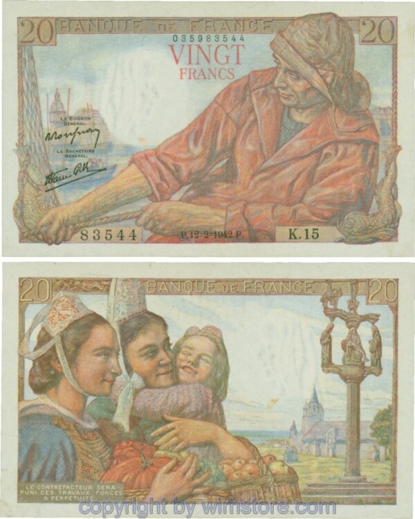 Frankreich, P100a, 20 Francs 1942-02-12, P/K; 1-