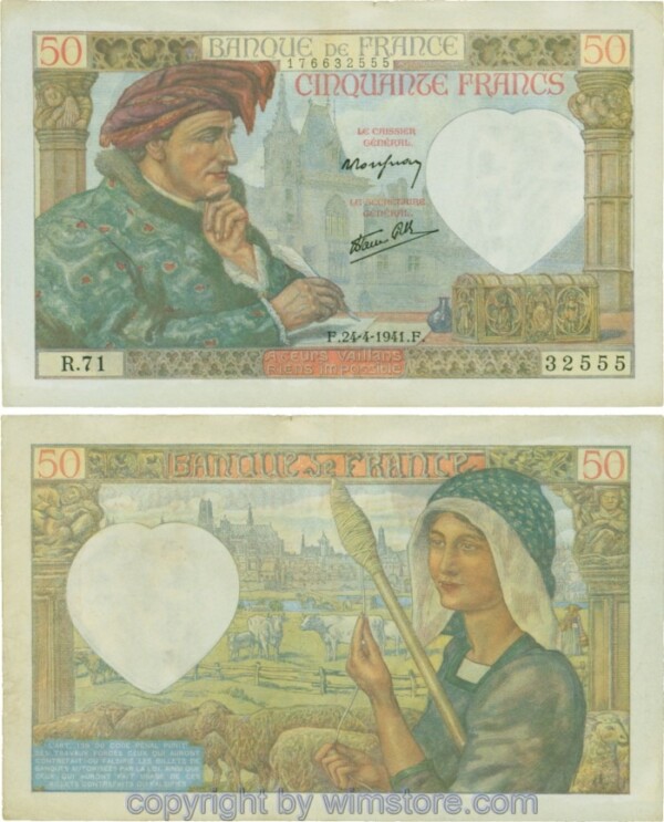 Frankreich, P093, 50 Francs 1941-04-24, F/R; 3-4